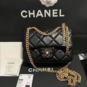 New Chanel Black Quilted Lambskin Mini Flap Bag Gold and Enamel Hardware, 2022